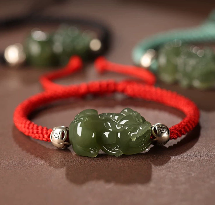 Handcrafted Jade Pixiu Wealth Bracelet for Good Fortune & Safety