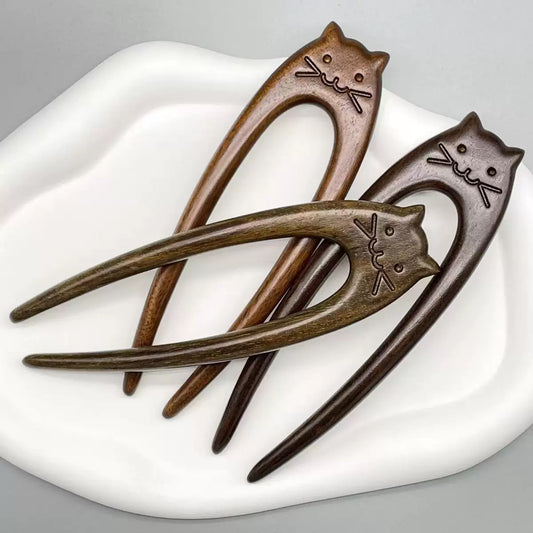 Chinese Cat Wooden Hair Stick, Hanfu Hairpin, multi hair pin, thin hair pin, fork, handcarved hair pin
