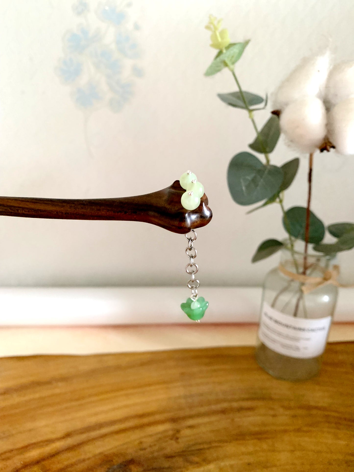 Chinese Cat Paw Jade Hair Pin, handcarved Hair Stick, Cute Cat Hairpin, Flower Jade, bead, Elegant Hair jewelry